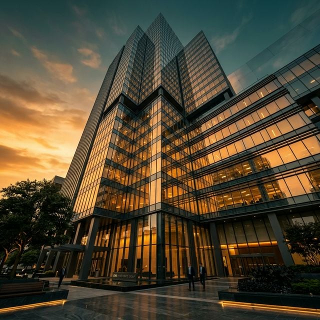 Tight, low-angle view of a modern commercial building exterior at dusk — evoking the institutional weight of private-equity buyers showing up at a roofing operator’s door.